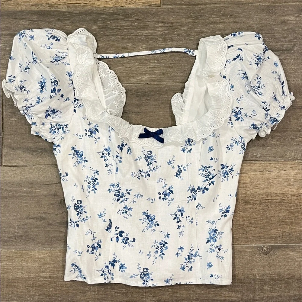 NEW Reformation Alice Lace Trim Puff Sleeve Crop Top Size 2